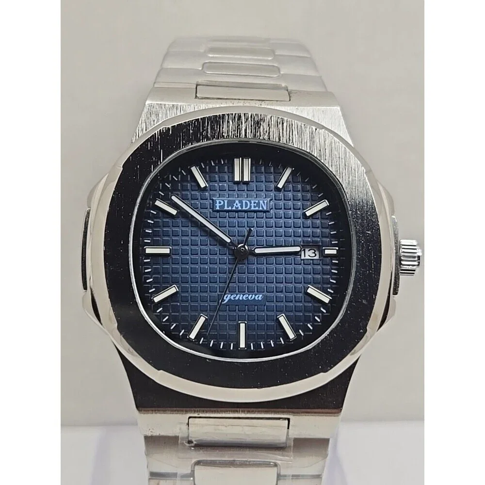 PLADEN Geneva Blue Dial Stainless Steel Date Quartz Watch New Battery Mens